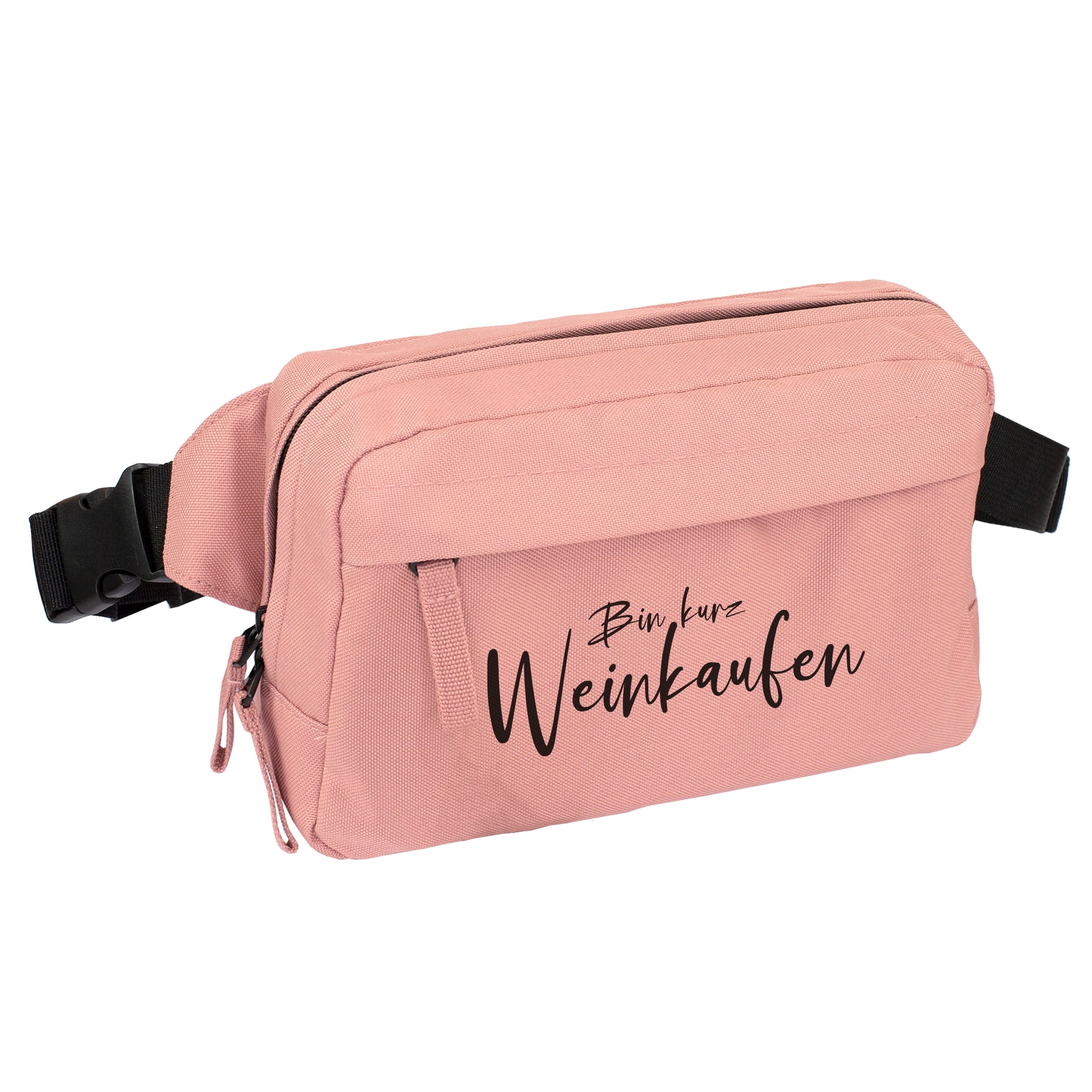 Rosa Bauchtasche mit schwarzem Spruch Bin kurz Weinkaufen auf weißem Hintergrund
