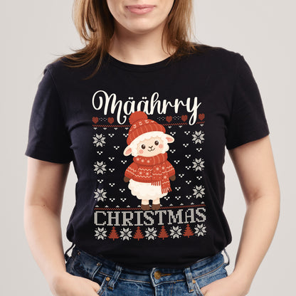 Schwarzes Weihnachts T-Shirt für Frauen mit Schaf, Wintermütze und Määähry Christmas Schriftzug