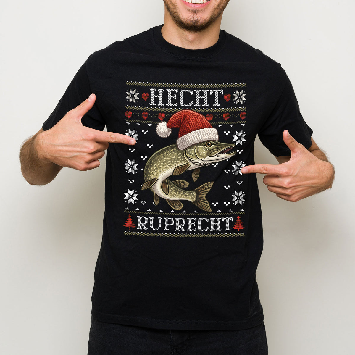 Schwarzes Herren T-Shirt mit Hecht Ruprecht Weihnachtsmotiv, Hecht mit Weihnachtsmütze und Ugly Christmas Muster