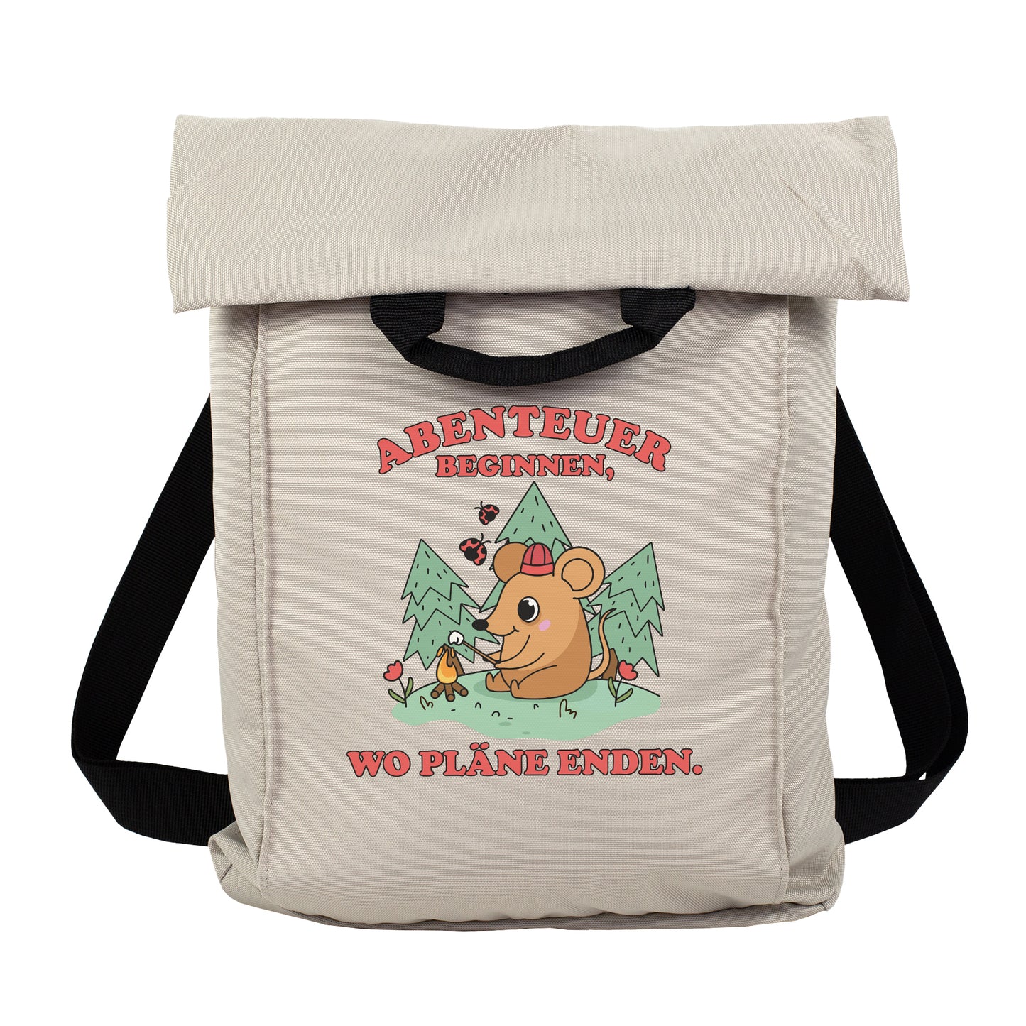 Jadegrüner Rucksack mit Abenteuer-Maus Motiv auf weißem Hintergrund als Produktansicht