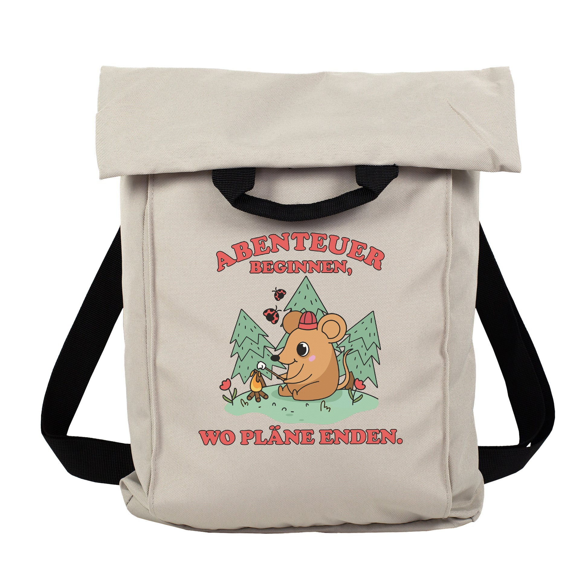 Jadegrüner Rucksack mit Abenteuer-Maus Motiv auf weißem Hintergrund als Produktansicht