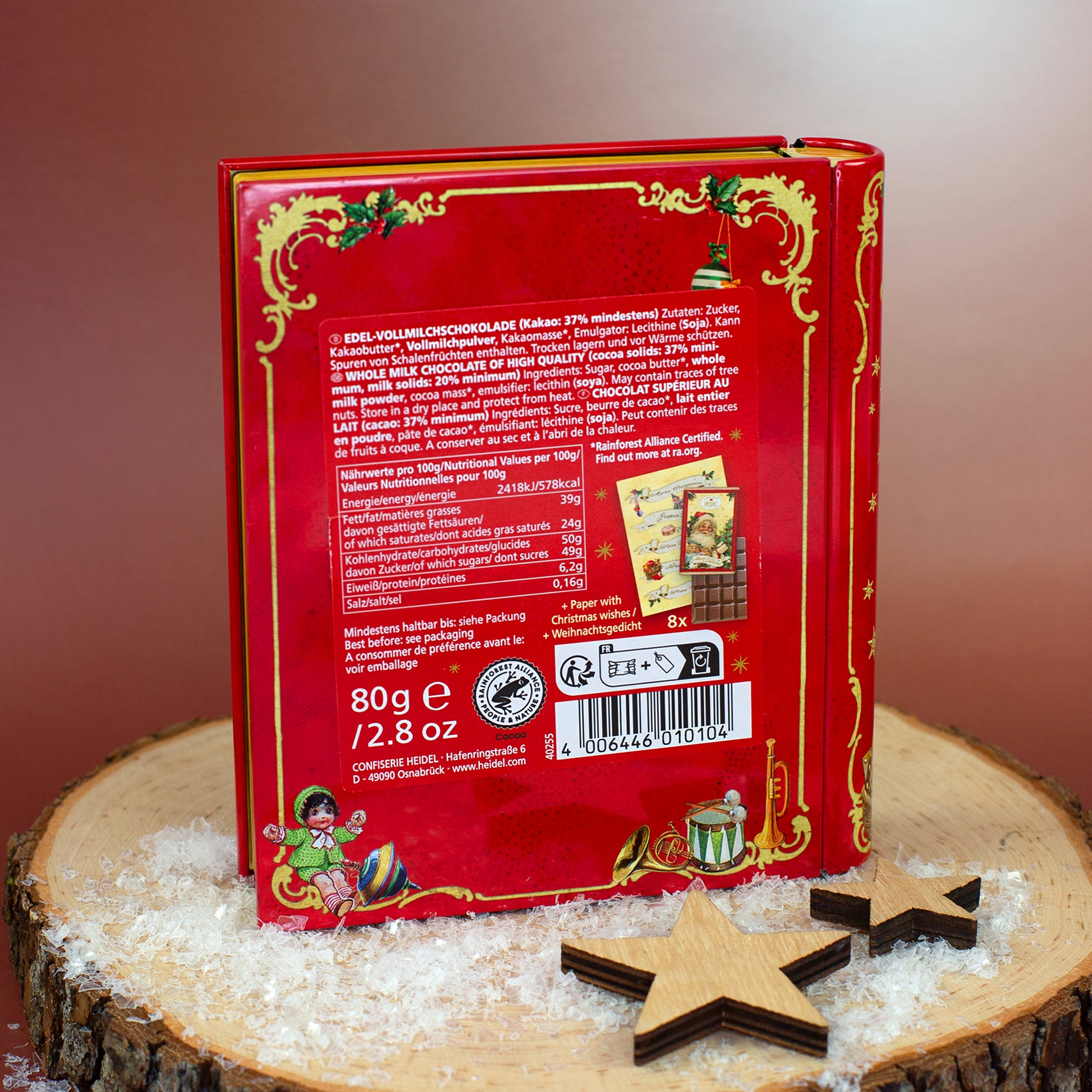 Rückseite des Heidel Schokoladenbuchs Weihnachts-Nostalgie mit Zutaten und Nährwertangaben
