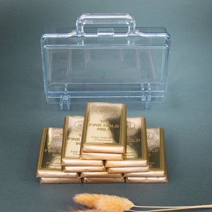 Gold Koffer mit herausgenommenen Schoko-Goldbarren als Geldgeschenk
