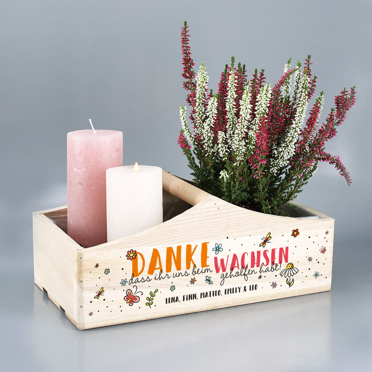 Holzkorb mit eigenem Text als Dankeschön-Geschenk "Danke, dass ihr uns beim Wachsen geholfen habt"