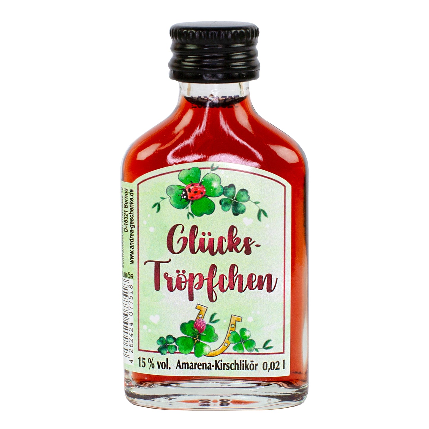 Mini Likörflasche Glücks-Tröpfchen mit Kleeblatt-Motiv auf weißem Hintergrund