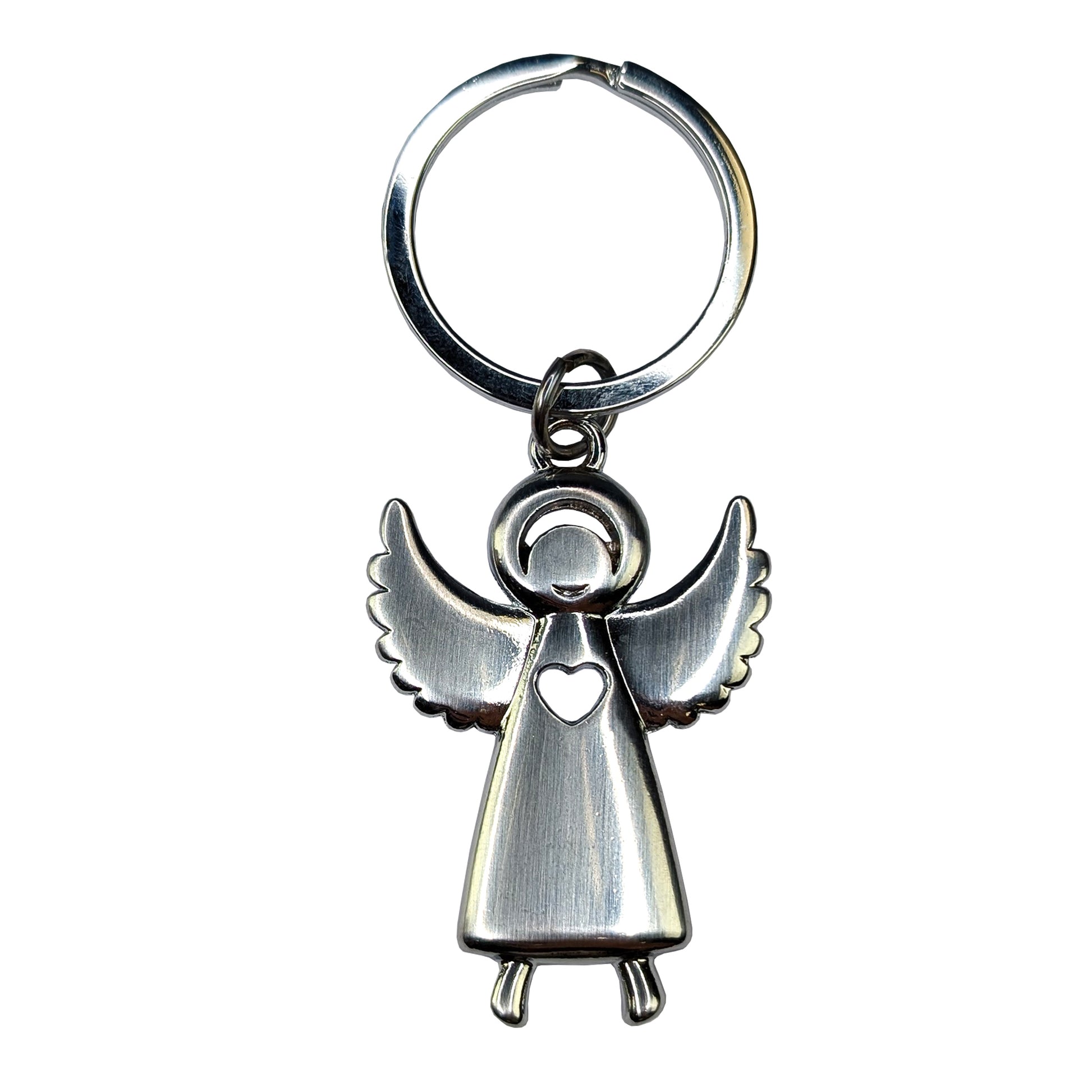 Freigestellter Schutzengel-Schlüsselanhänger mit rundem Schlüsselring und Flügeln nach oben auf weißem Hintergrund