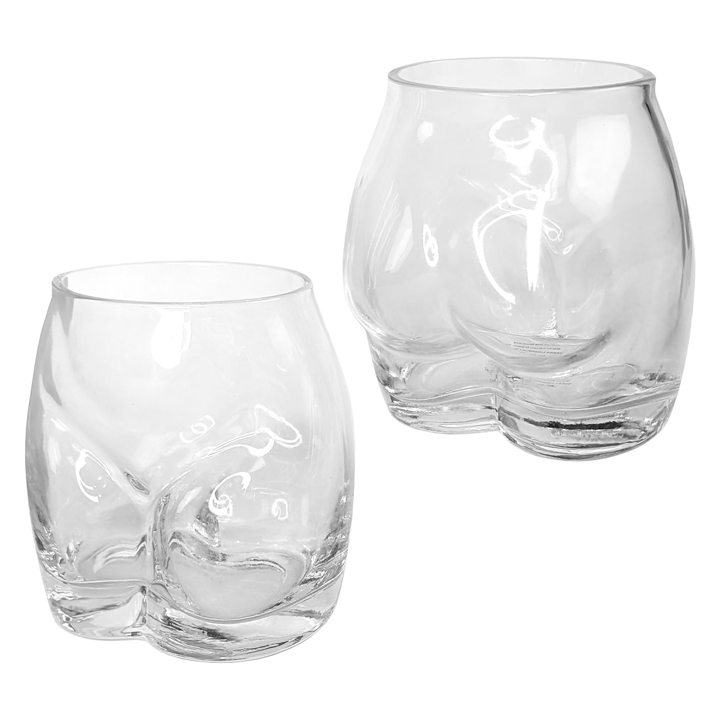 Freisteller der beiden leeren Gläser mit klar erkennbarem „Po“-Design