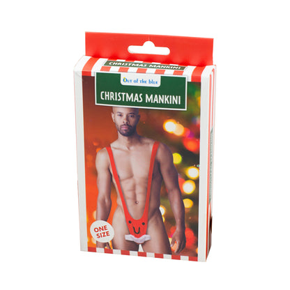 Verpackung des Weihnachts-Mankinis mit Produktabbildung, rotes Design mit Weihnachtsmotiv.