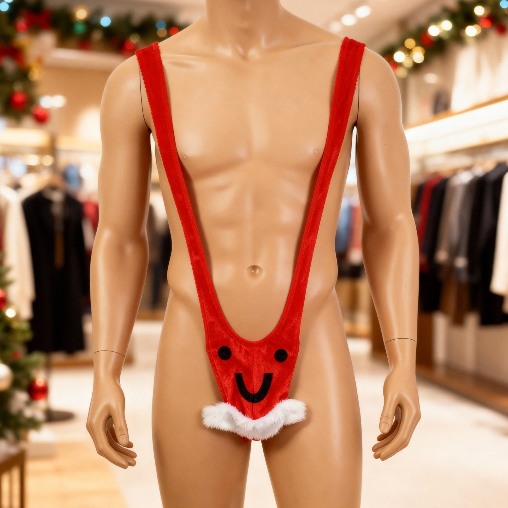 Weihnachts-Mankini für Herren in Rot mit Smiley-Motiv und Pelzbesatz, frontal am Model präsentiert.