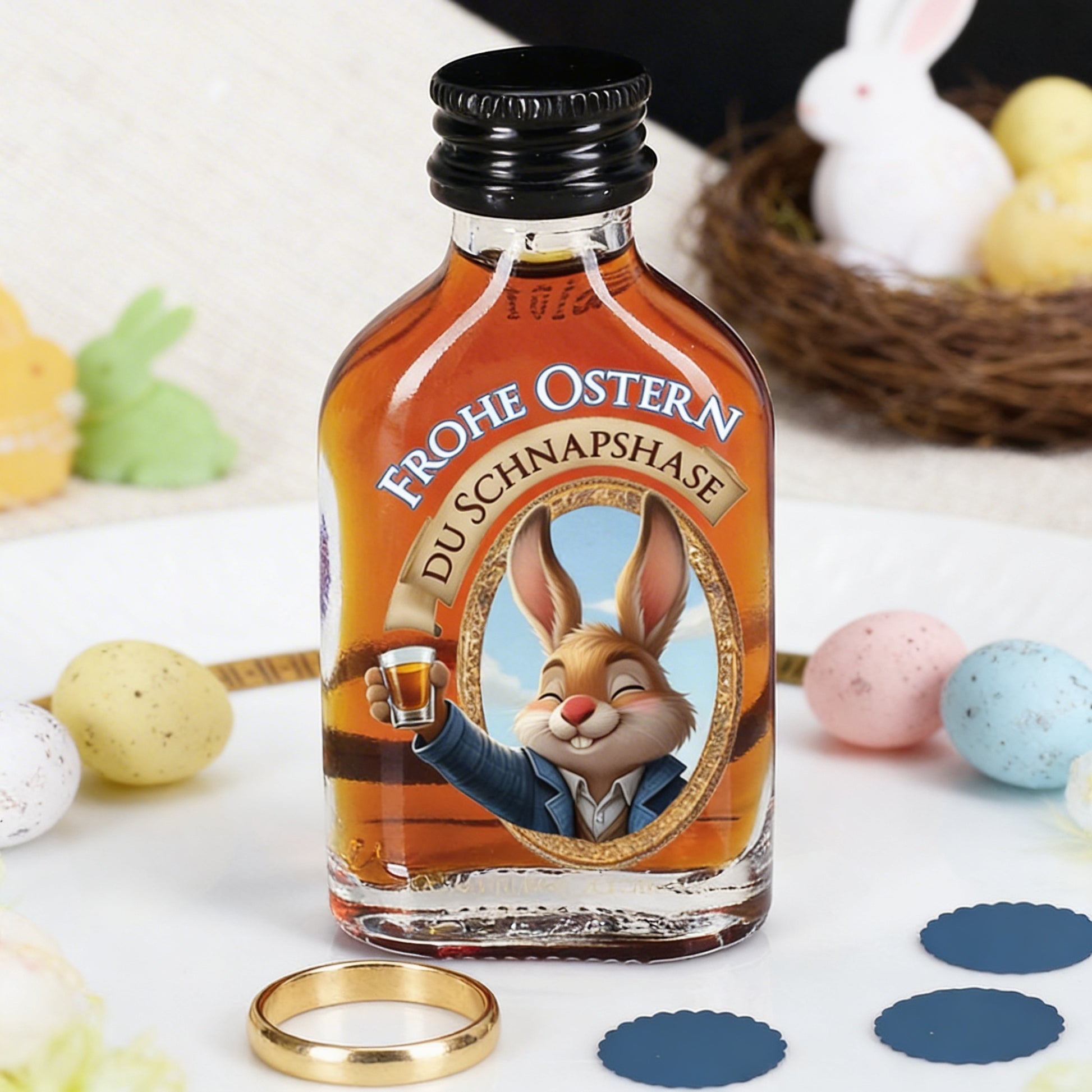 Mini Likörflasche mit Kräuterlikör und Osterhasenmotiv „Frohe Ostern Du Schnapshase“ auf weißem Teller dekoriert