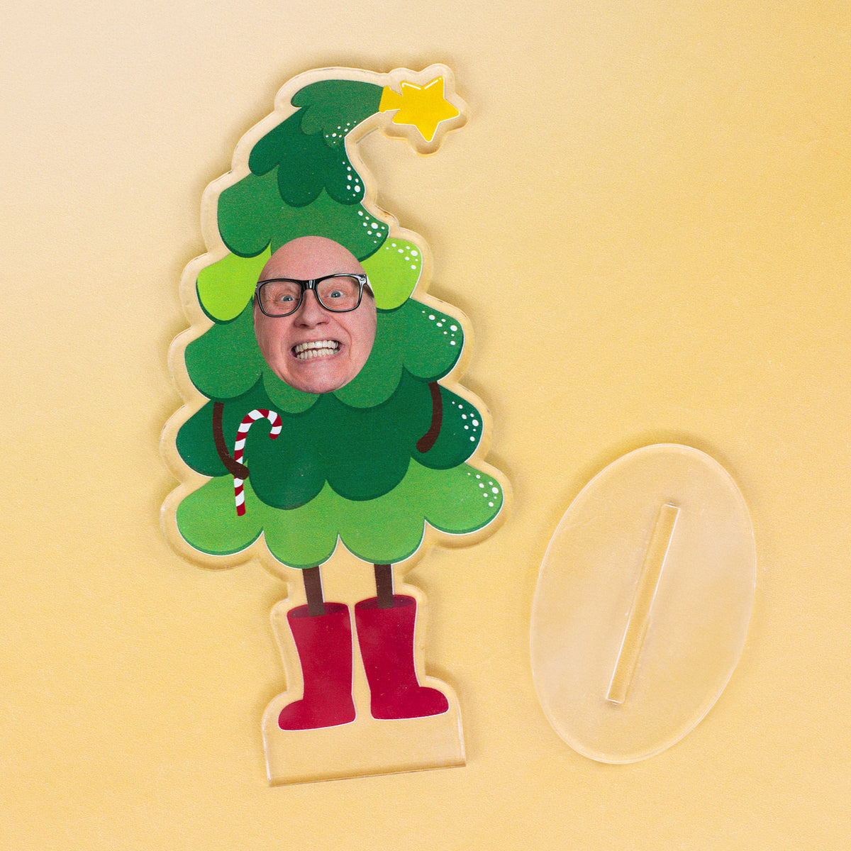 Personalisierter Weihnachtsbaum-Aufsteller aus Acryl mit Foto-Gesicht und separat dargestelltem transparentem Standfuß