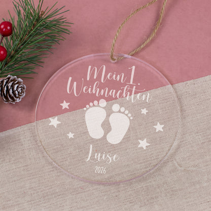 Personalisierter Weihnachtsbaumanhänger aus Acryl „Mein 1. Weihnachten“ mit Name und Babyfüßen