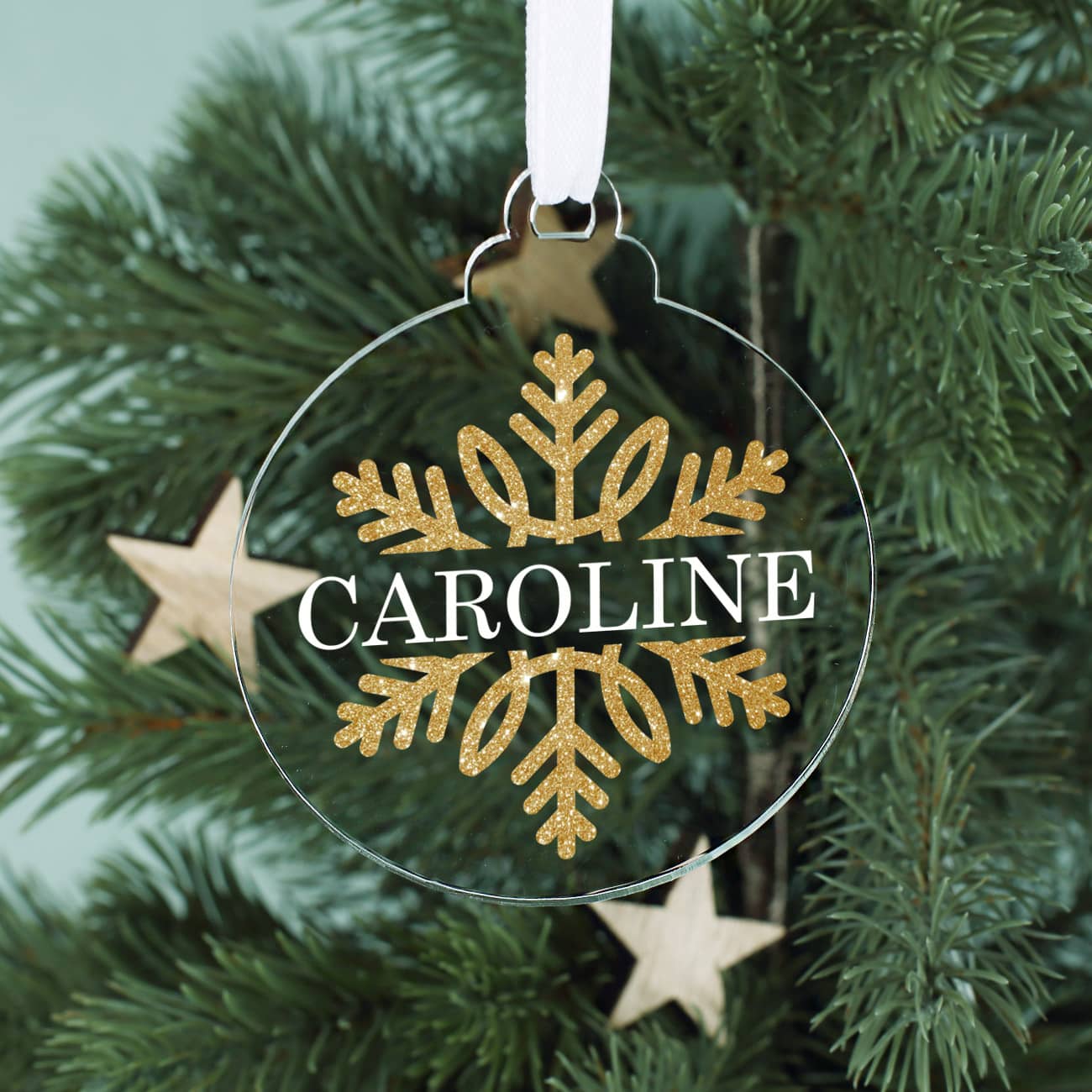 Christbaumkugel aus Acryl mit Name und Schneeflocke in Gold