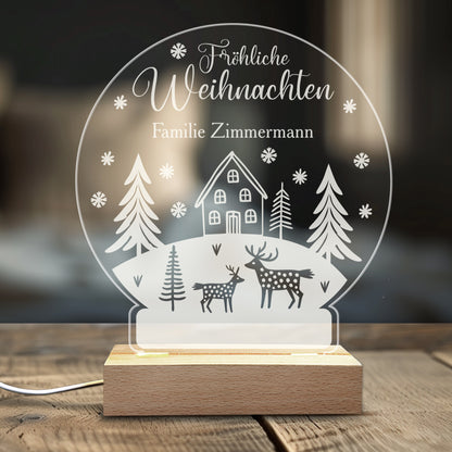 Personalisierbares LED-Licht in Schneekugelform mit Weihnachtsmotiv und Schriftzug Fröhliche Weihnachten
