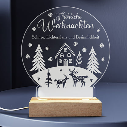 Acrylglaslampe Schneekugel mit individuellem Text und Winterlandschaft
