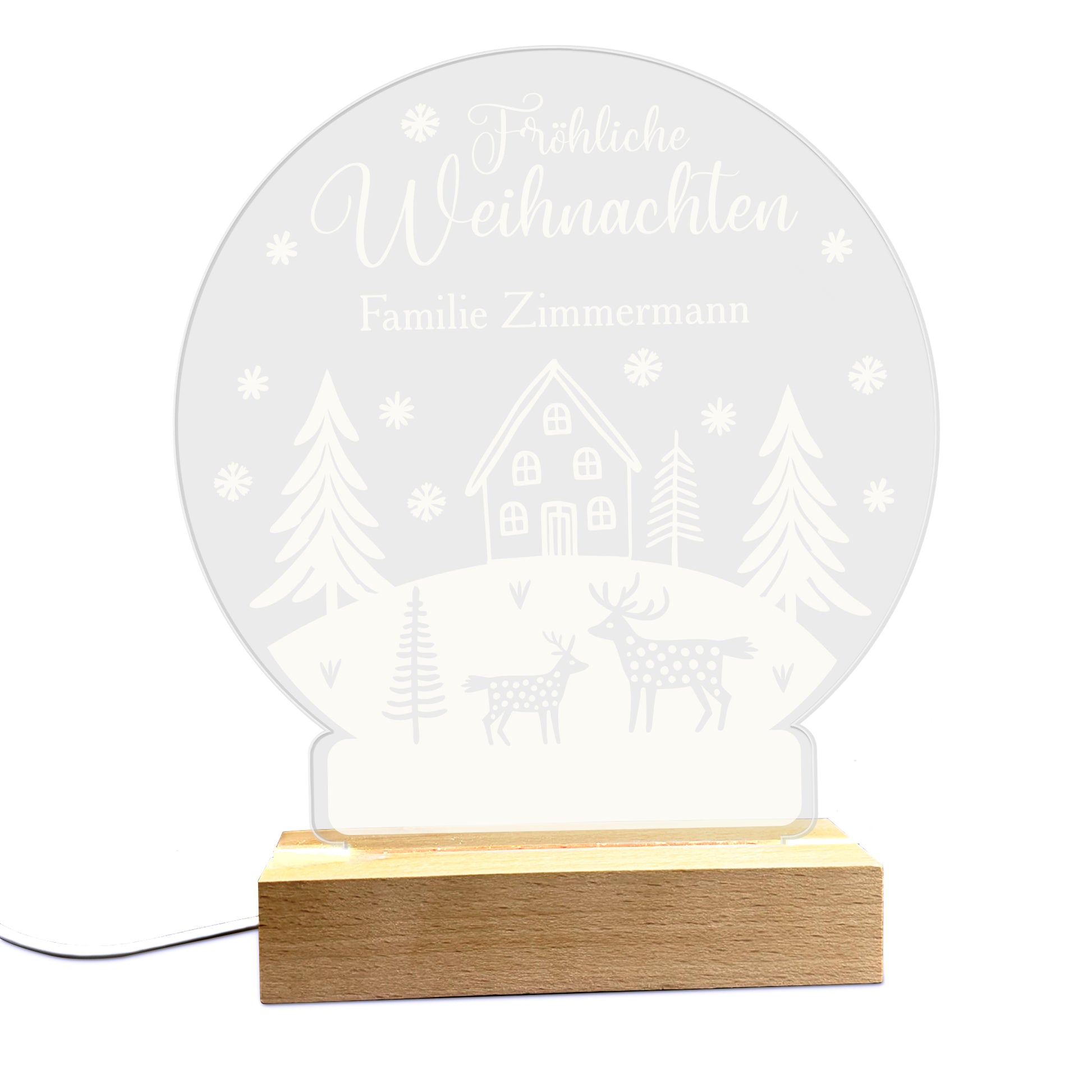 Personalisierbares LED-Licht Schneekugel Motiv auf weißem Hintergrund