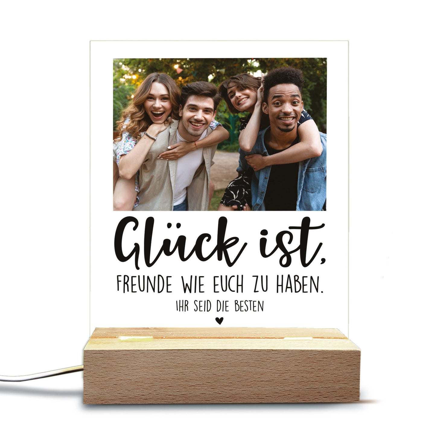 LED-Lampe mit Foto und Wunschtext auf Acrylplatte – freigestellt auf weißem Hintergrund.