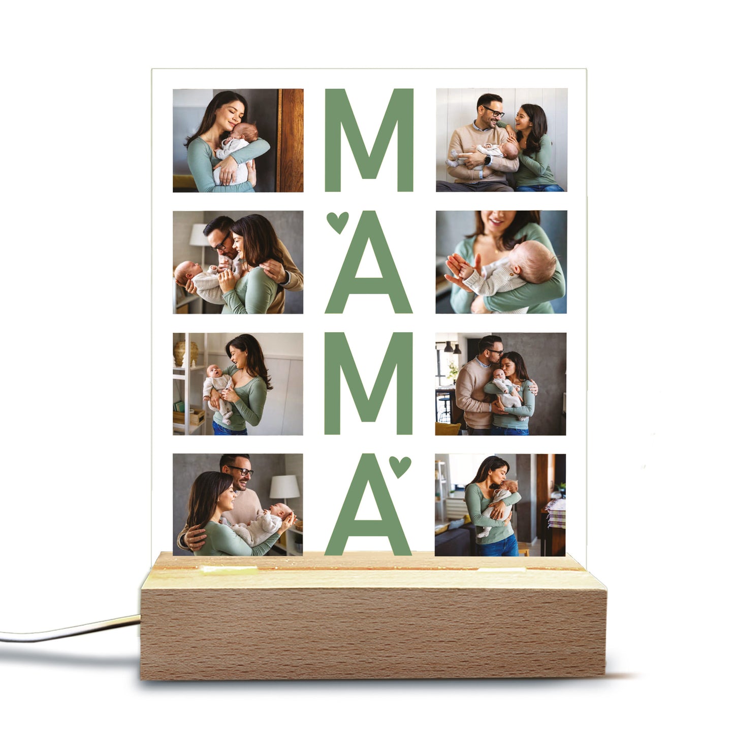 Personalisierte LED-Lampe mit Acrylglasplatte und „MAMA“-Schriftzug, bedruckt mit 8 Fotos – freigestellt auf weißem Hintergrund.