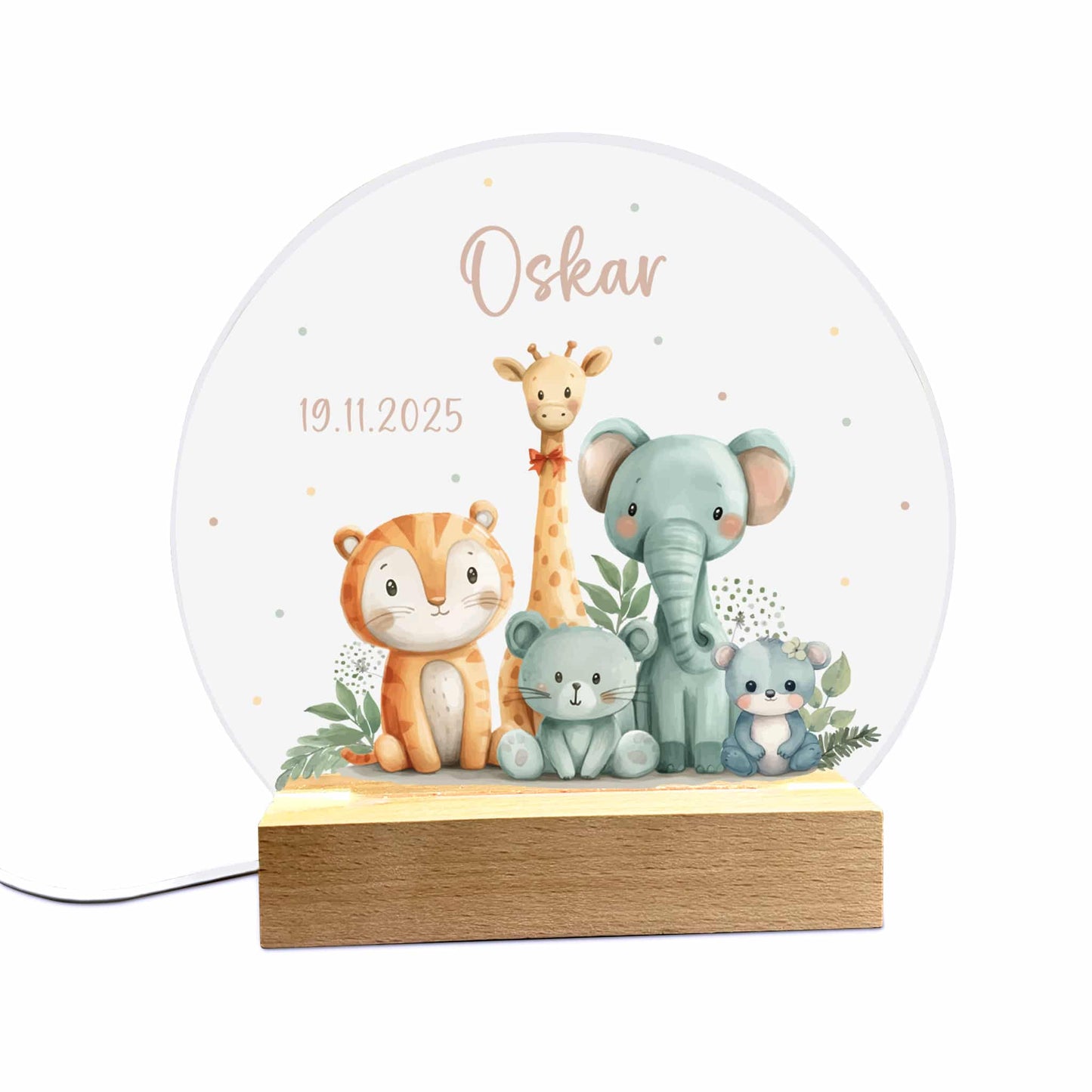 Nachtlicht LED Lampe als Nachttischlampe mit Tiger, Elefant, Giraffe, Name und Datum
