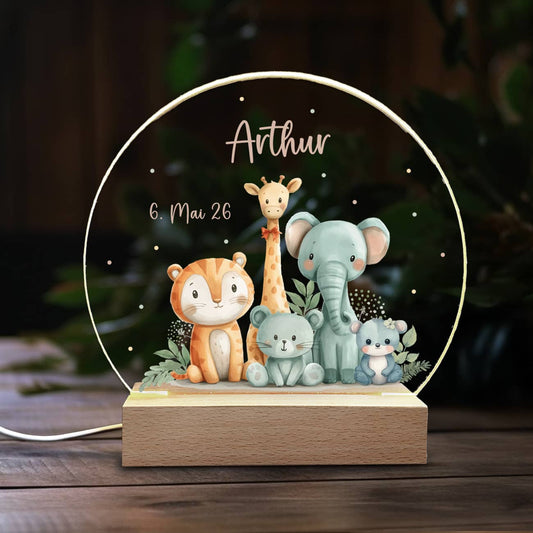 Nachtlicht Safari mit Name und Datum, LED Lampe als Geschenk für Babys und Kinder