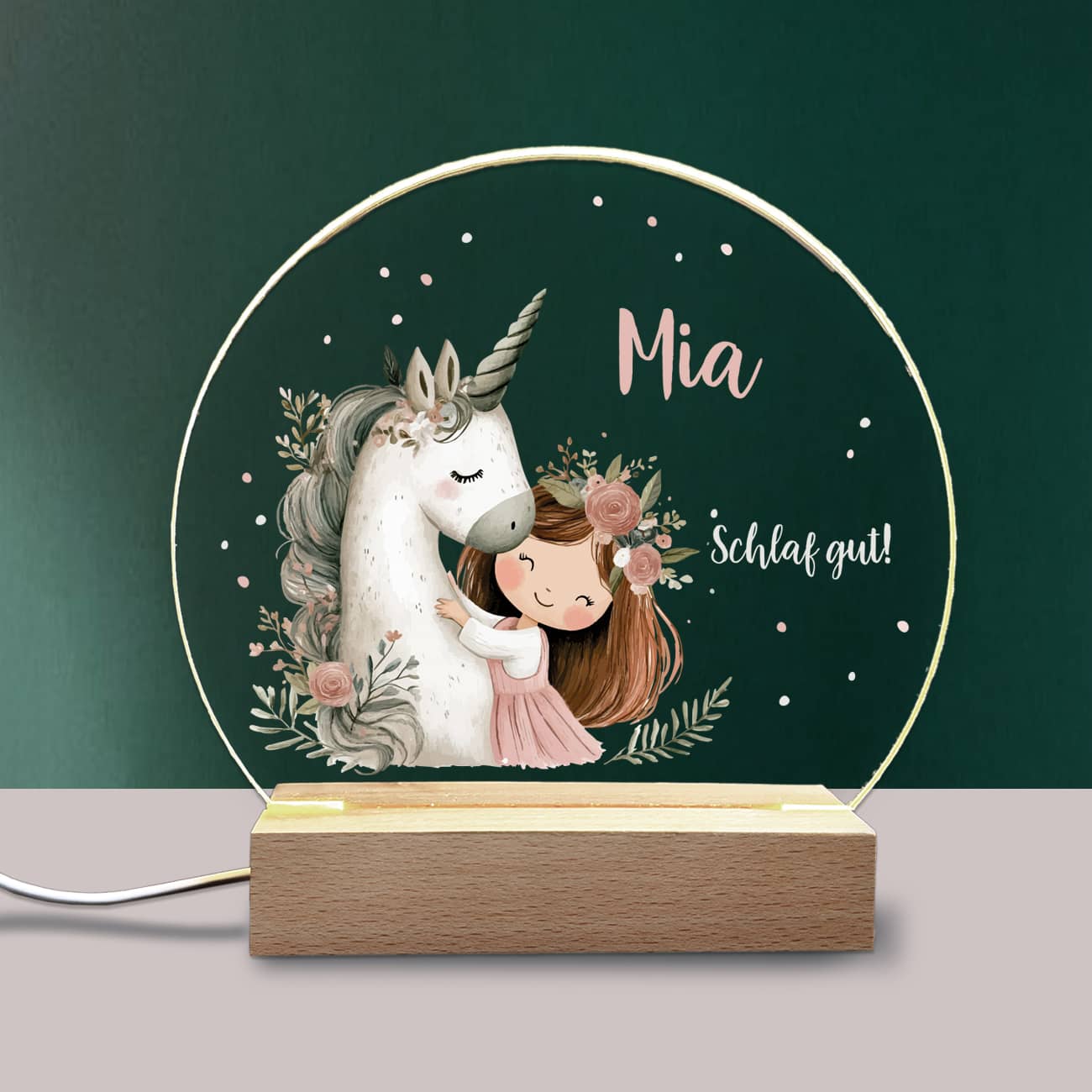 Personalisierte Kinder-Nachtlampe "Einhorn mit Prinzessin" - Geschenk zur Geburt oder Taufe, LED Licht