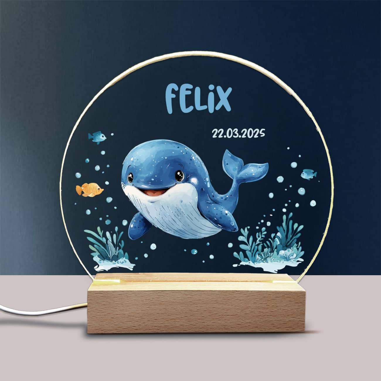 LED Nachtlicht aus Acryl und Holz mit Wal, Name & Datum, Babygeschenk, Taufgeschenk