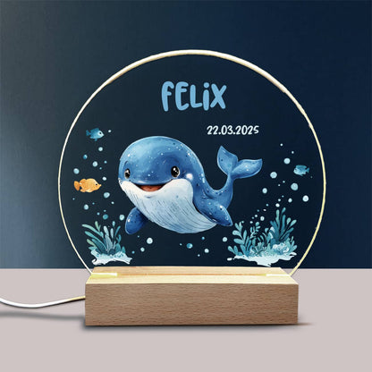 LED Nachtlicht aus Acryl und Holz mit Wal, Name & Datum, Babygeschenk, Taufgeschenk