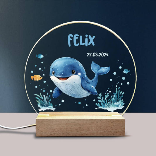 LED Nachtlicht aus Acryl und Holz mit Wal, Name & Datum, Babygeschenk, Taufgeschenk