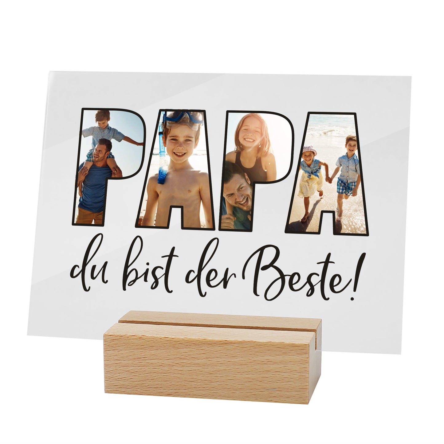 Personalisierbares Acrylglasbild mit Fotos im Schriftzug „PAPA“ als Geschenk für den besten Papa