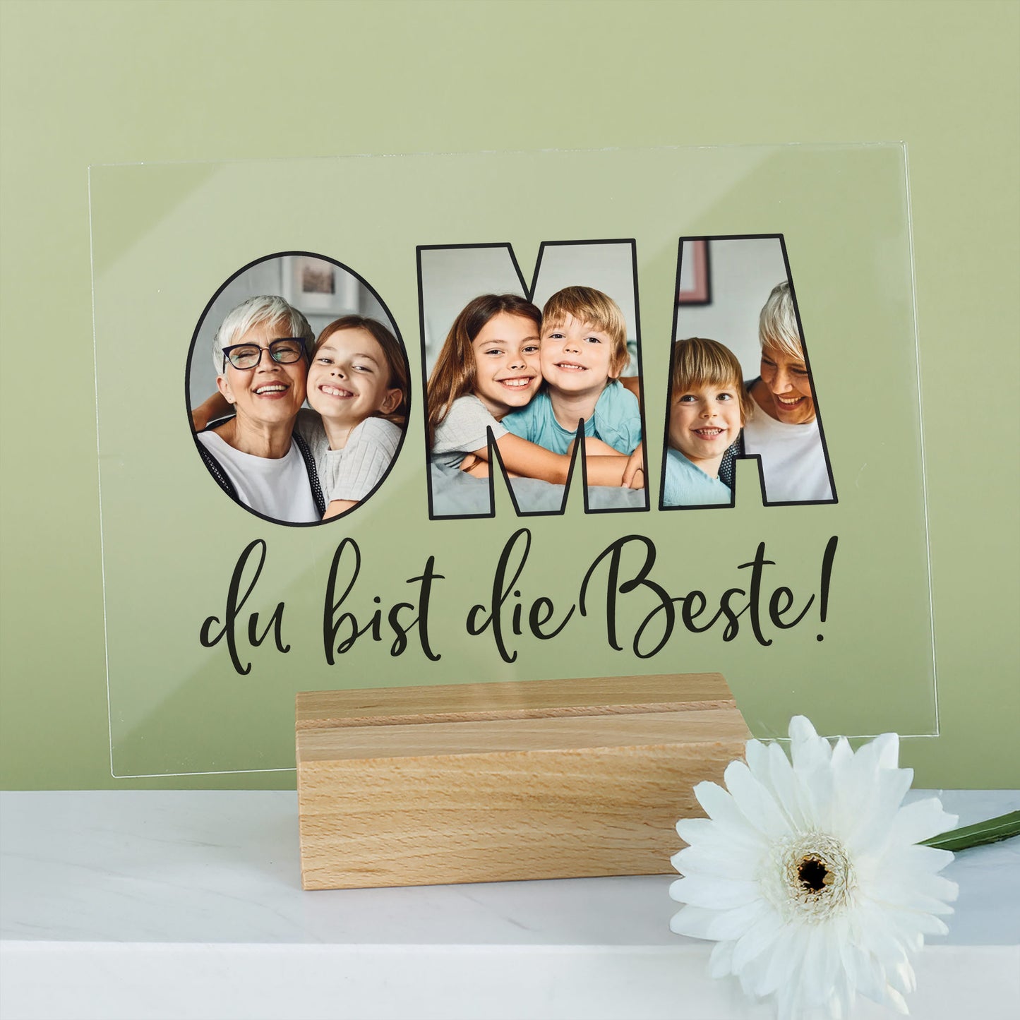 Personalisierbares Fotogeschenk für die beste Oma der Welt, dekorativ mit Blume aufgestellt