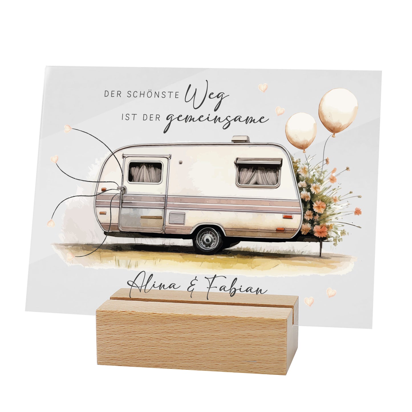Acrylschild mit Campinganhänger & Blumenmotiv inkl. Wunschnamen zur Hochzeit