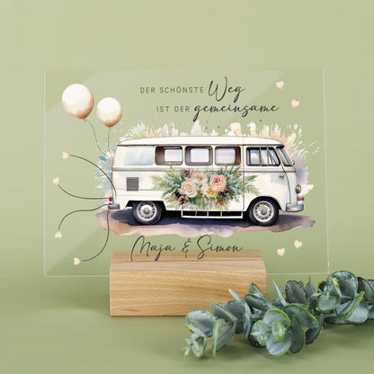 Acrylschild mit Hippie-Bus & Blumenmotiv inkl. Wunschnamen zur Hochzeit