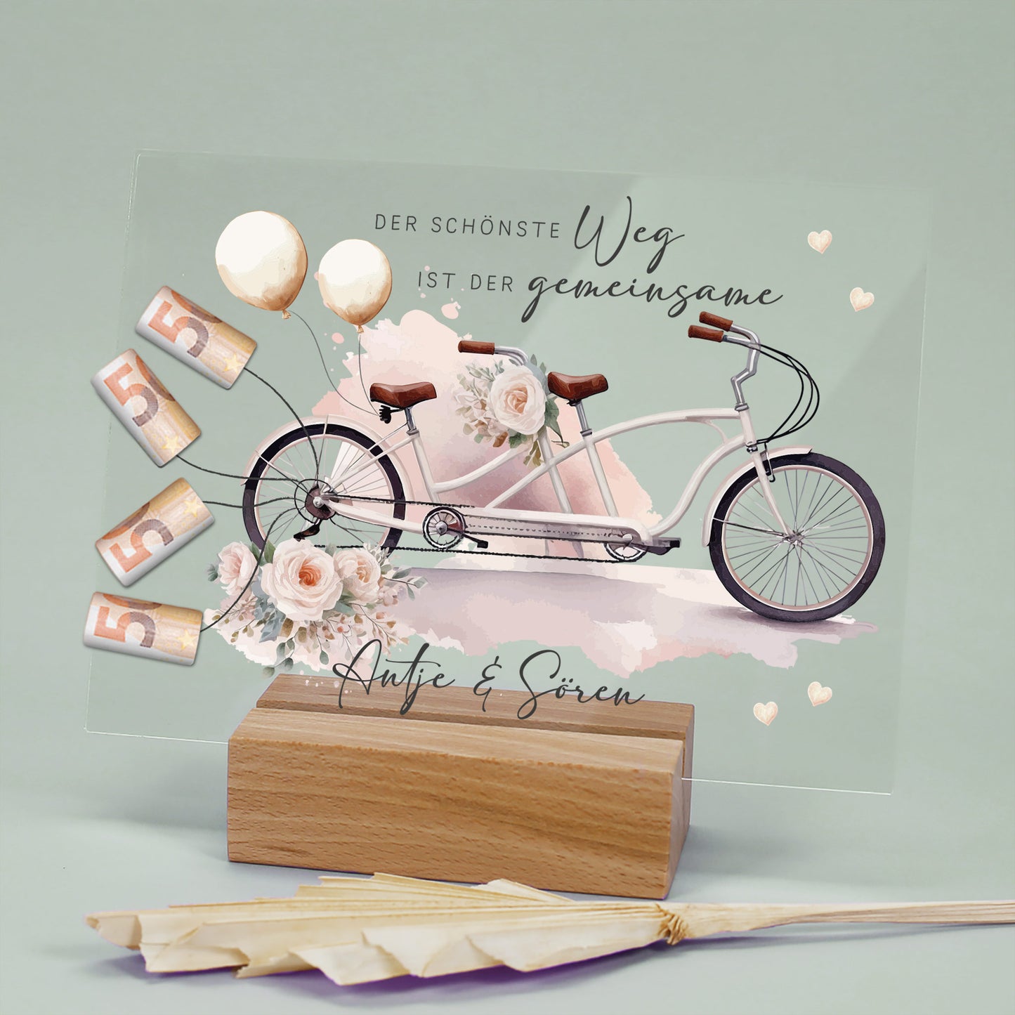 Acrylschild mit Tandem & Blumenmotiv inkl. Wunschnamen zur Hochzeit