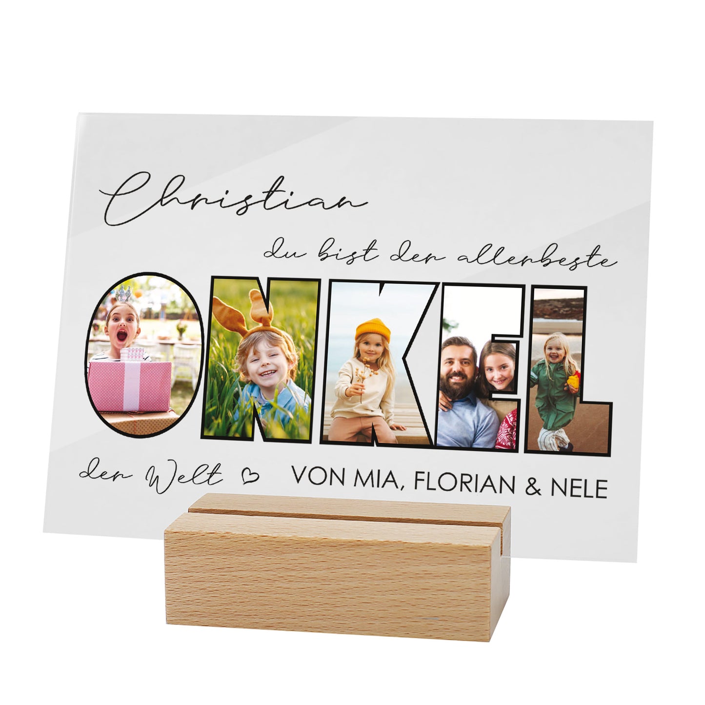 Freigestelltes Acrylbild mit Fotos im Schriftzug „ONKEL“ und Holzsockel
