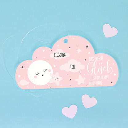 Acryl Anhänger rosa Wolke zur Geburt personalisiert mit Name & Geburtsdatum | Deko für Mädchen