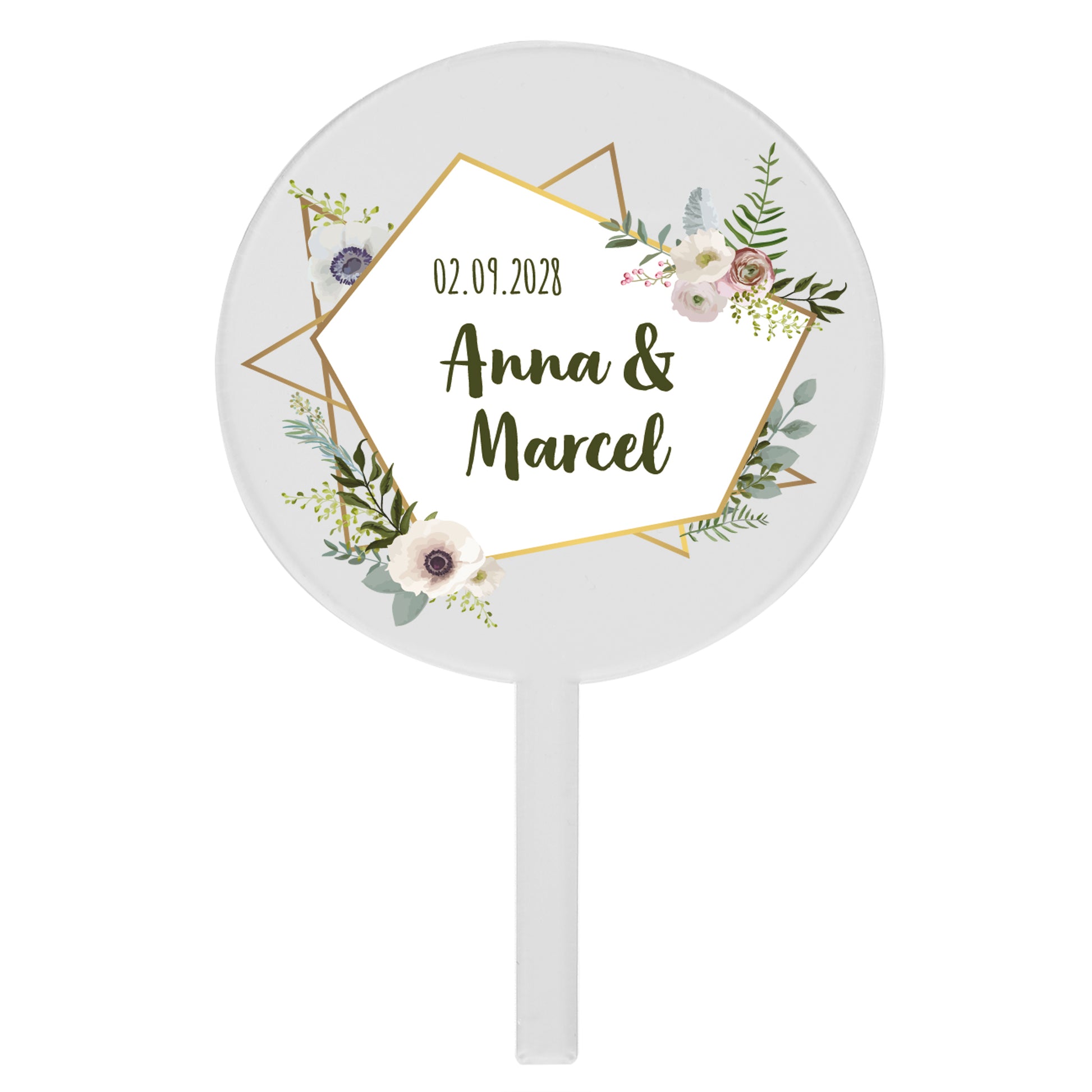 Runder Acryl Tortentopper Hochzeit mit Namen und Datum, florales Design mit Goldrahmen freigestellt