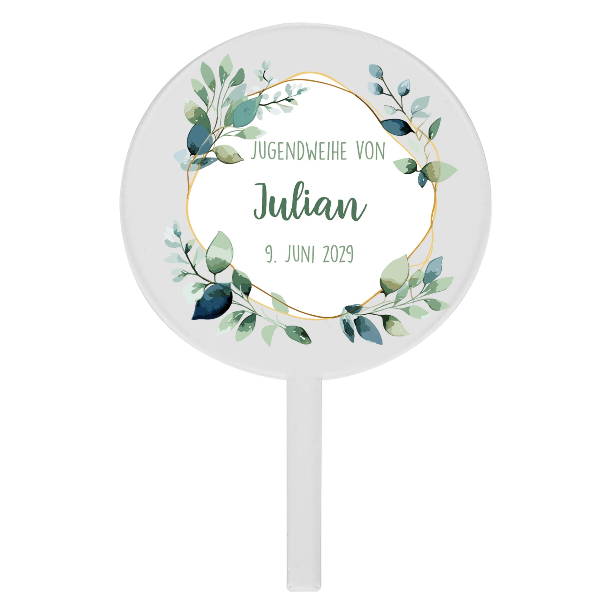 Runder Tortentopper Jugendweihe aus Acryl mit Name Julian und Datum freigestellt