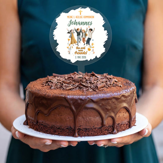 Tortentopper Kommunion Johannes auf Schokoladentorte mit personalisiertem Namen und Datum