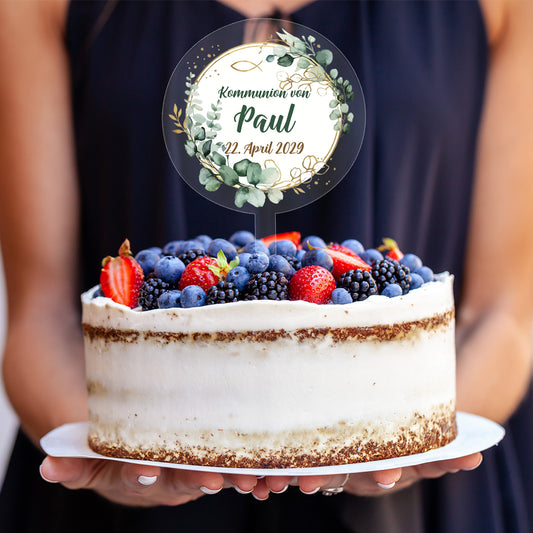 Acryl-Tortentopper Kommunion mit Eukalyptuskranz, Name Paul und Datum auf Beerentorte
