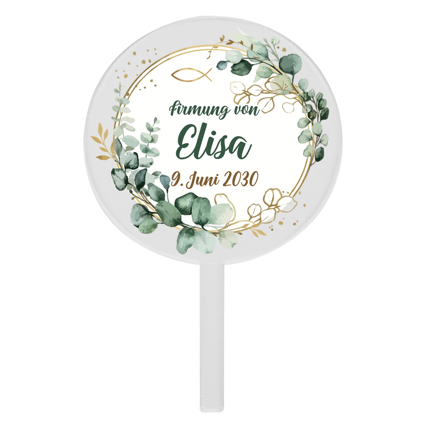 Detailansicht Tortentopper Firmung Elisa 9. Juni 2030 aus transparentem Acryl