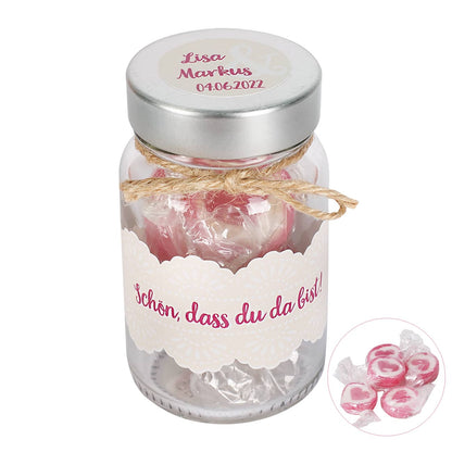 Schön, dass du da bist! Glas mit Bonbons als Gastgeschenk zur Hochzeit