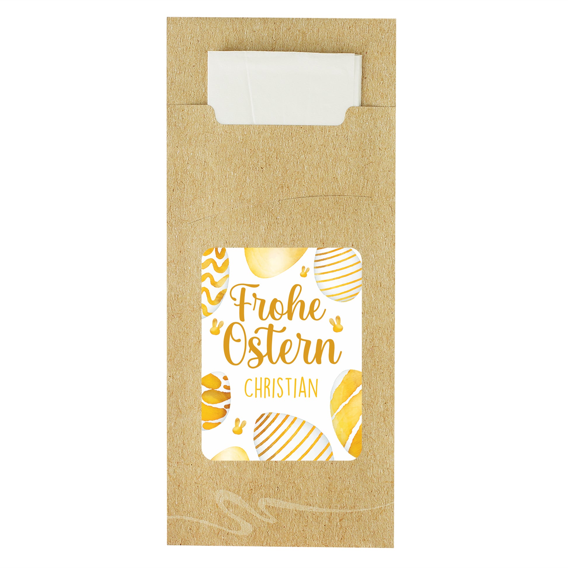 Freigestellte Bestecktasche zu Ostern mit Ostereier-Motiv und personalisiertem Namen
