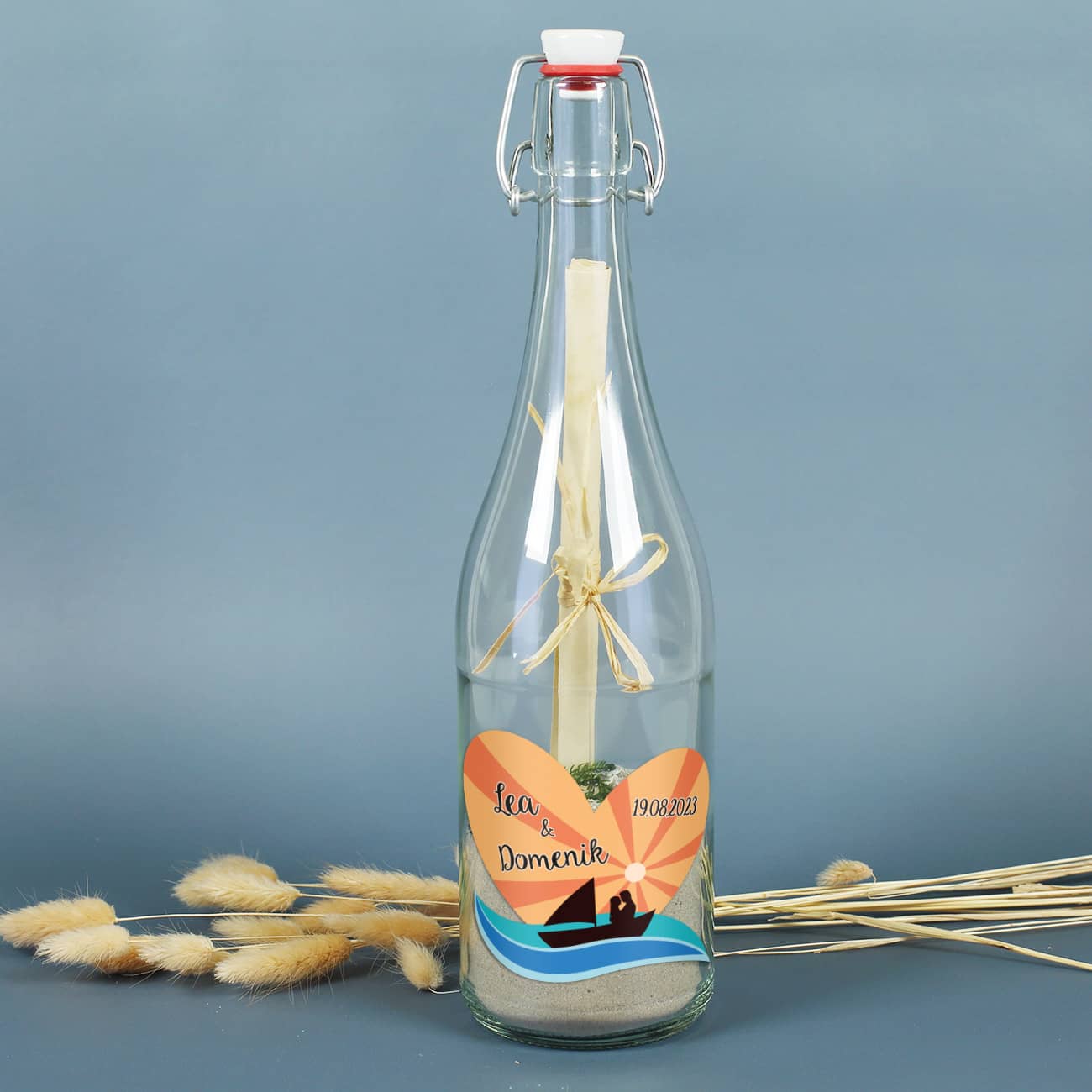 Persönliche Flaschenpost als tolles Geldgeschenk zur Hochzeit mit romantischen Etikett