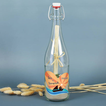 Persönliche Flaschenpost als tolles Geldgeschenk zur Hochzeit mit romantischen Etikett