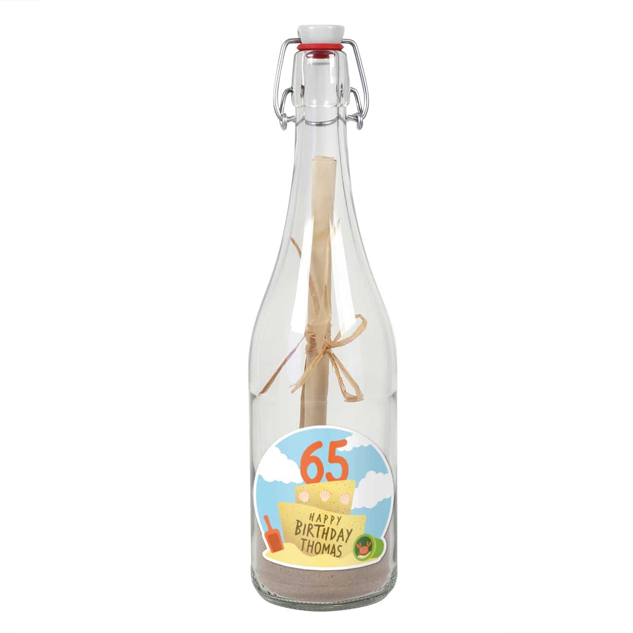 Gefüllte Flaschenpost zum Geburtstag mit lustigen Etikett "Sandkuchen" mit Ihren Wunschnamen und einem Alter gestaltet