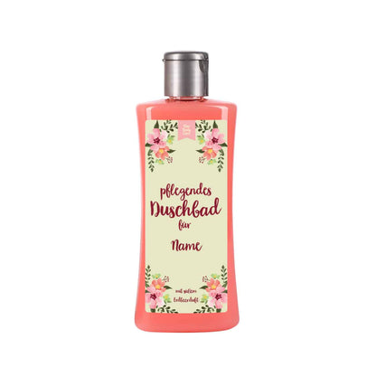 Erdbeer-Duschgel mit Watercolor-Blumenranken und Name