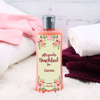 Erdbeer-Duschgel mit Watercolor-Blumenranken und Name