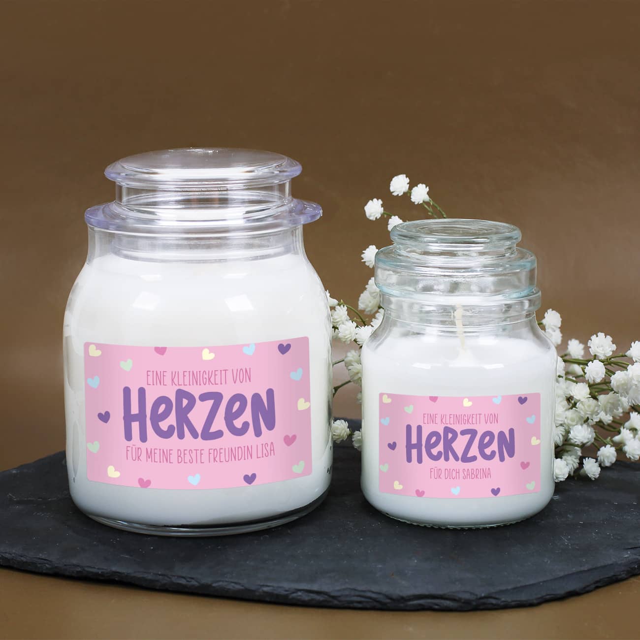 Eine Kleinigkeit von Herzen - Duftkerze im Glas mit Ihrem Wunschtext