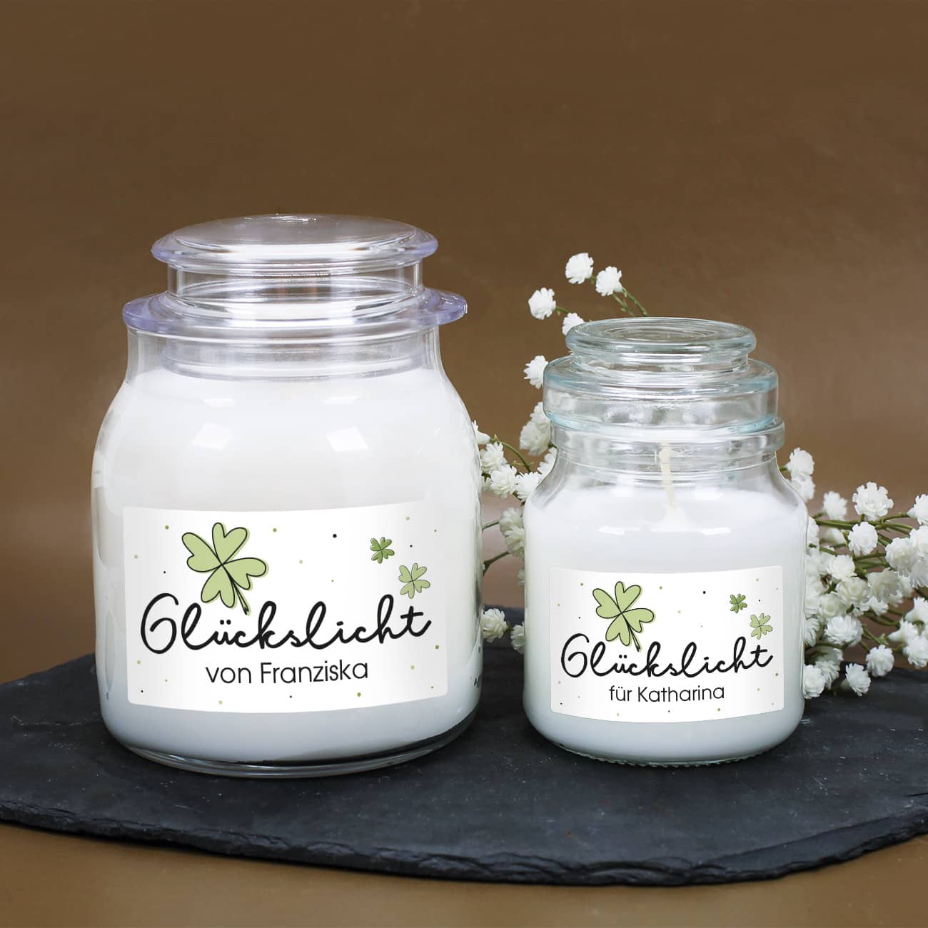 Glückslicht - Duftkerze im Glas mit Ihrem Wunschaufdruck