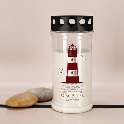 Grablicht in zwei Größen mit Leuchtturm, Name und Datum